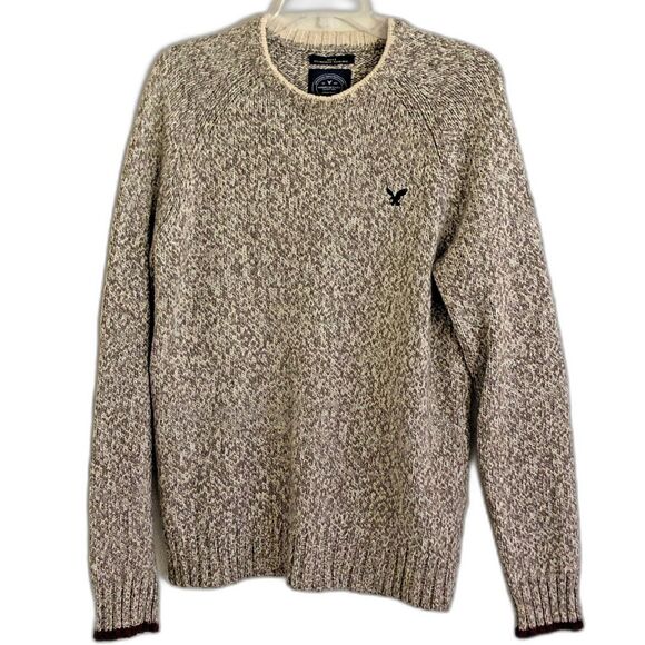 American Eagle Ragg Wool Sweater Mens Size M Preppy Oatmeal Marl Knit Crewneck - Picture 3 of 12